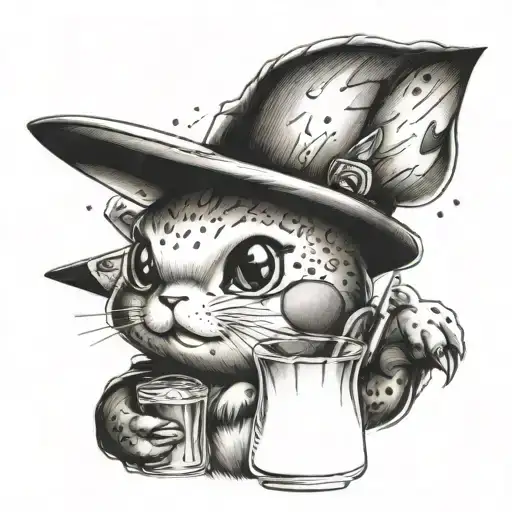 A realistic portrait of Pikachu holding a glass of london mule tattoo design idea