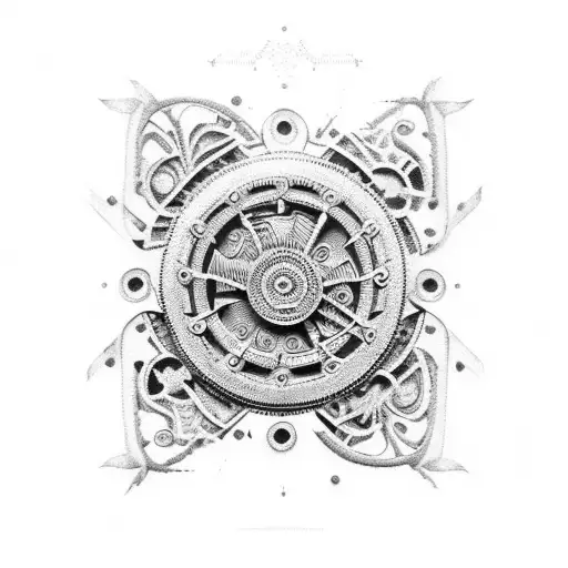 A dotwork tattoo of an intricate engine design with gears and pistons tattoo design idea