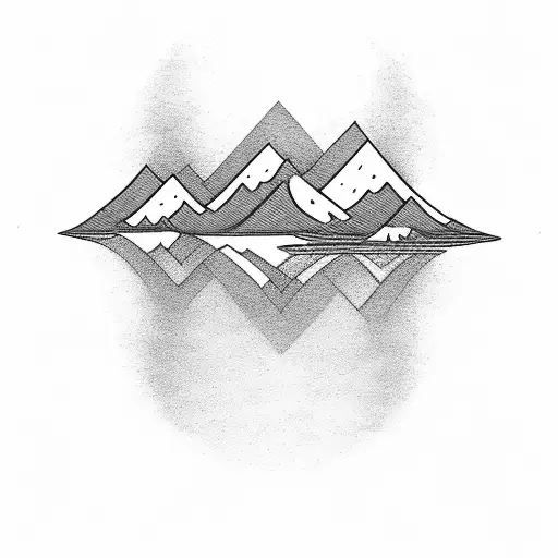 A black-grey tattoo of a pontoon boat sailing across a serene lake surrounded by mountains tattoo design idea