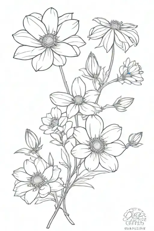 narcisuss, chrysanthemum, daisy, larkspur, cosmos flower boquet tattoo design idea