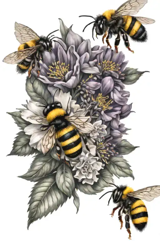 Realistic bumble bees flying around a garden filled with vibrant flowers tattoo design idea