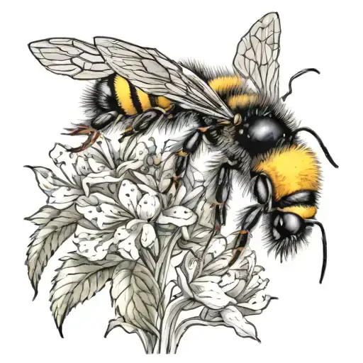 Realistic bumble bees flying around a garden filled with vibrant flowers tattoo design idea