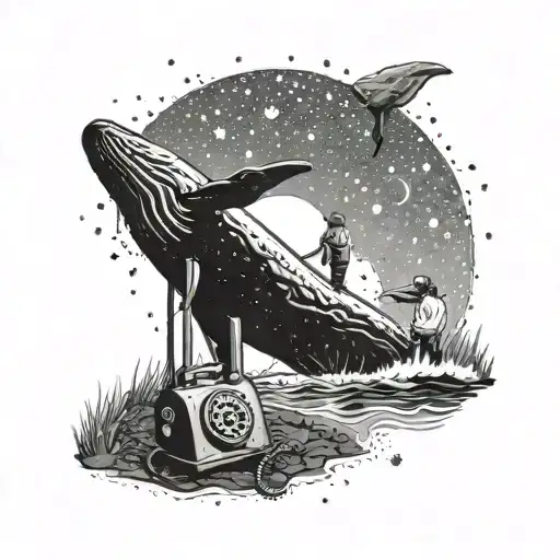A camping scene with a phone engineer fixing a vintage telephone under a starry night sky, with a whale jumping out of the water in the distance. tattoo design idea