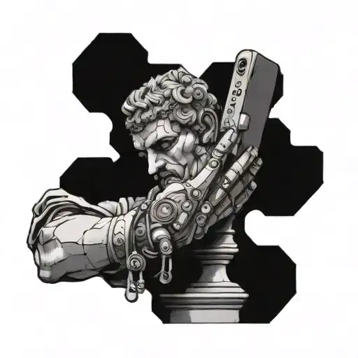 A broken Roman statue with a phone embedded in its hand, representing the fusion of ancient and modern technology tattoo design idea