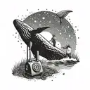 A camping scene with a phone engineer fixing a vintage telephone under a starry night sky, with a whale jumping out of the water in the distance. tattoo design idea