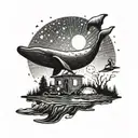 A camping scene with a phone engineer fixing a vintage telephone under a starry night sky, with a whale jumping out of the water in the distance. tattoo design idea