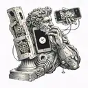 A broken Roman statue with a phone embedded in its hand, representing the fusion of ancient and modern technology tattoo design idea