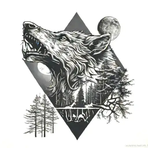 a steppenwolf, howling, under the moonlight, forest around, in a triangle  tattoo design idea