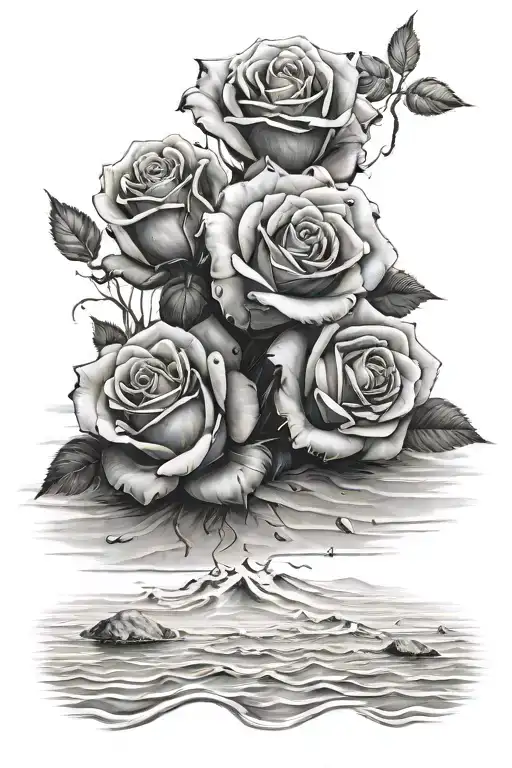 roses with a body of water, black and white, beach with footprints in sand, light shading  tattoo design idea
