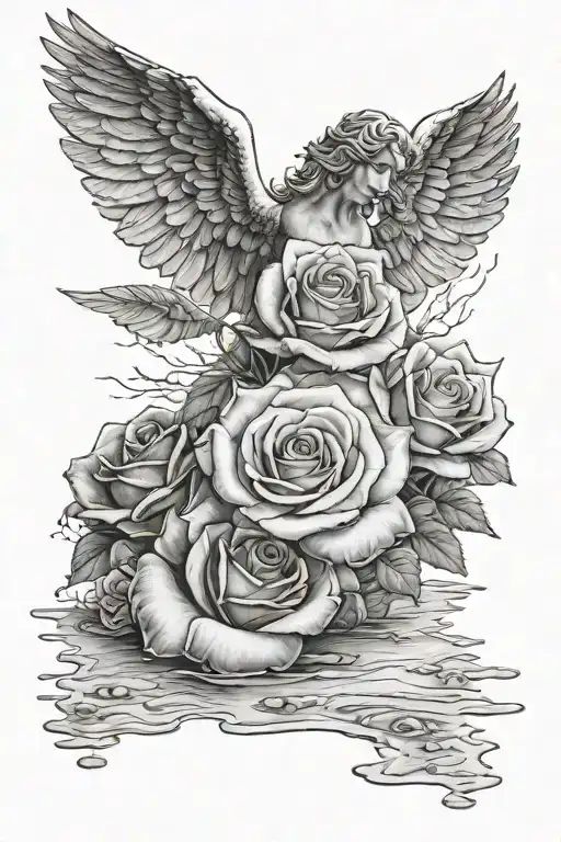 roses with a body of water, black and white, footprints in sand, guardian angel in sky, light shading  tattoo design idea