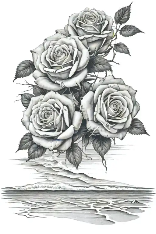 roses with a body of water, black and white, beach with footprints in sand, light shading  tattoo design idea
