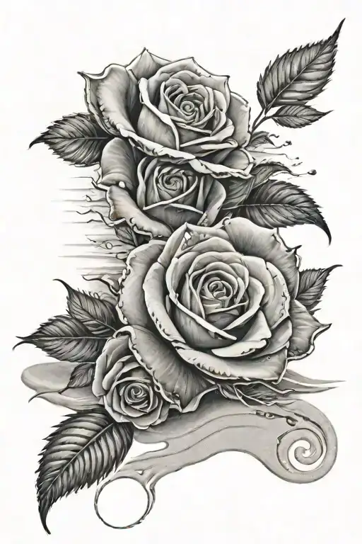 3 roses with a body of water, black and white, beach with footprints in sand, light shading  tattoo design idea