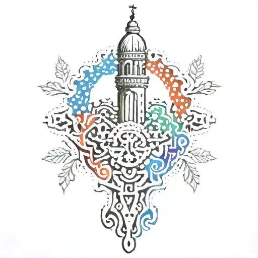 A tattoo combining Serbian traditional embroidery patterns with the client's favorite Serbian monument in dotwork style tattoo design idea