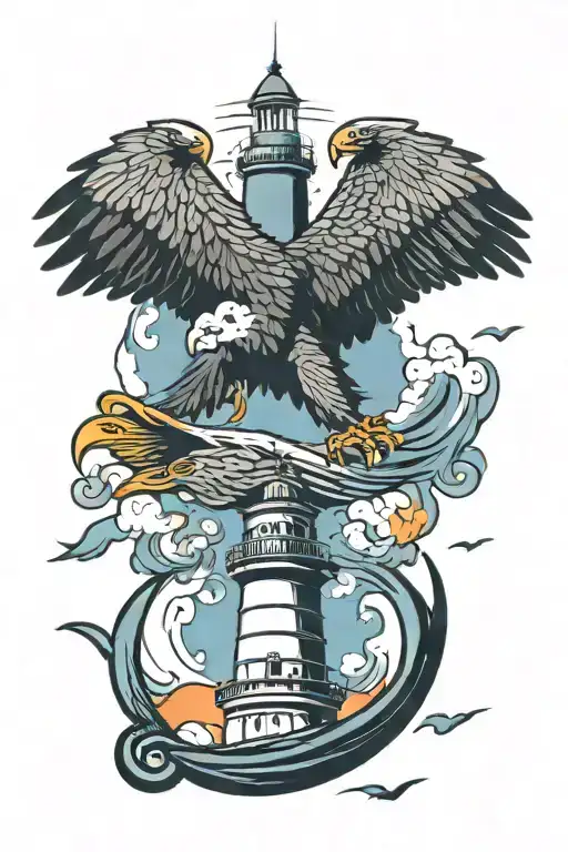 eagle on the top with its wings spread with a lighthouse in the background in front of and aircraft carrier on waves  tattoo design idea
