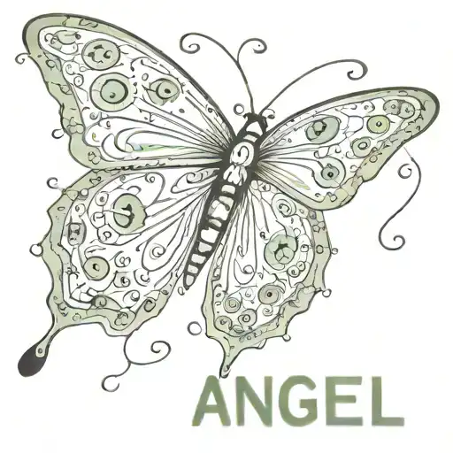 butterfly with eyes and the word "angel" and the number 444 below tattoo design idea