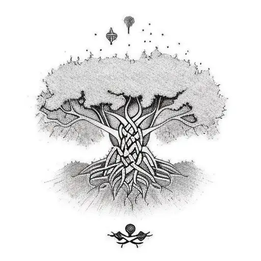 tree of life drawn in a celtic wayunder the tree roots writes HAFİZE and on tree branches writes DEMİR tattoo design idea