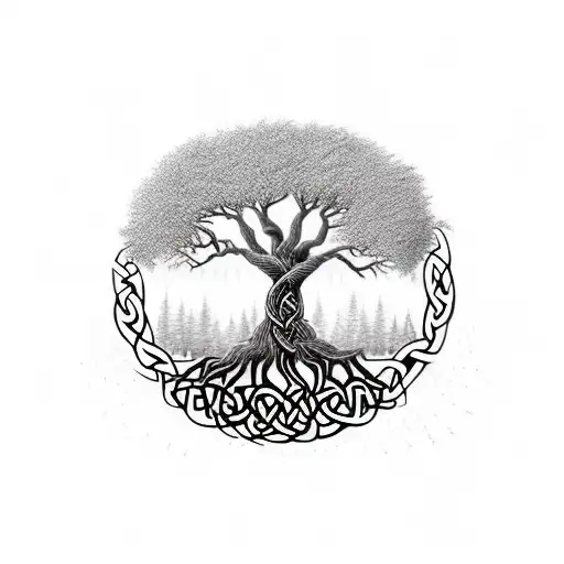 tree of life drawn in a celtic way under the tree roots writes HAFİZE and on tree branches writes DEMİR tattoo design idea