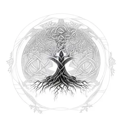 tree of life drawn in a celtic way under the tree roots writes HAFİZE and on tree branches writes DEMİR tattoo design idea