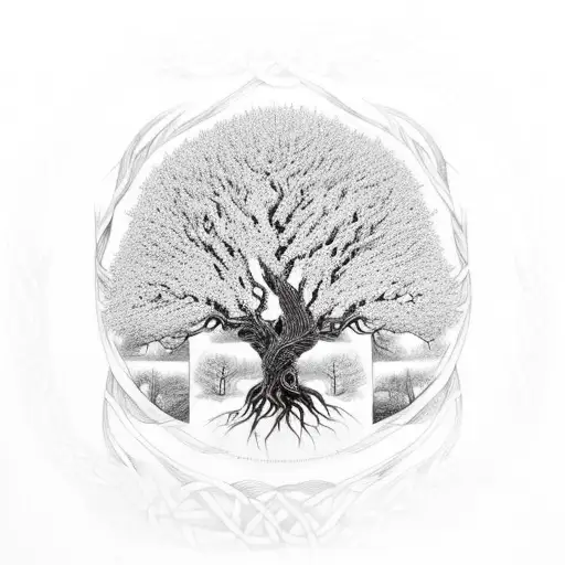 tree of life drawn in a celtic wayunder the tree roots writes HAFİZE and on tree branches writes DEMİR tattoo design idea