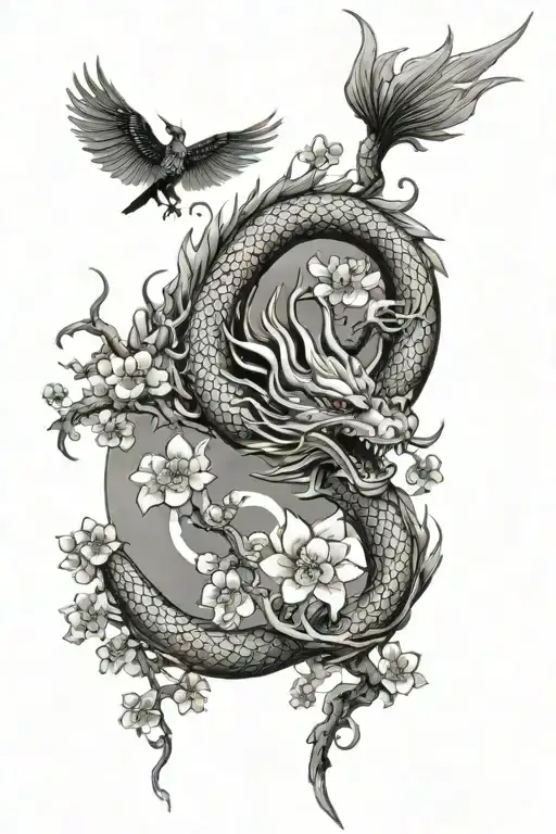 Chinese dragon, cherry blossom with a huming bird, and a celestial sun and moon  tattoo design idea