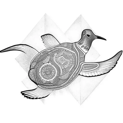 penguin, hummingbird and turtle alebrije tattoo design idea