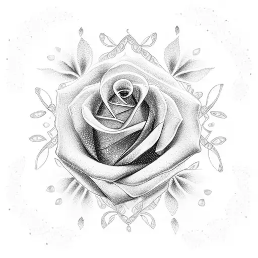 A dotwork rose with delicate petals, showcasing the verse Solomon 4:7 in elegant calligraphy, with a cross gracefully intertwined in the design tattoo design idea