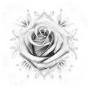 A dotwork rose with delicate petals, showcasing the verse Solomon 4:7 in elegant calligraphy, with a cross gracefully intertwined in the design tattoo design idea