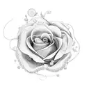 A dotwork rose with delicate petals, showcasing the verse Solomon 4:7 in elegant calligraphy, with a cross gracefully intertwined in the design tattoo design idea