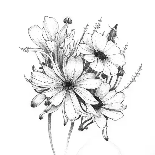 bouquet with daisies, lily of the valley flowers, and cosmos flowers tattoo design idea