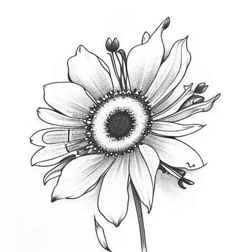 bouquet with daisies, lily of the valley flowers, and cosmos flowers tattoo design idea