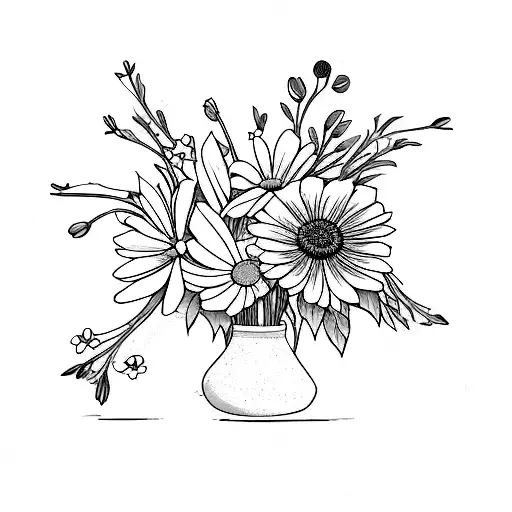 bouquet with daisies, lily of the valley flowers, and cosmos flowers tattoo design idea
