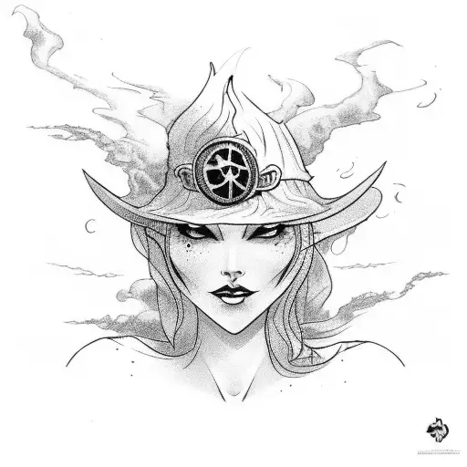 a witch on the one side she burns a piece of land with fire. on the other side she wrecks some ships underwater tattoo design idea