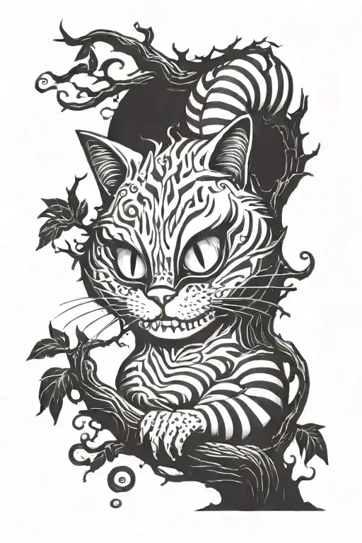 Cheshire cat on the tree is angry tattoo design idea
