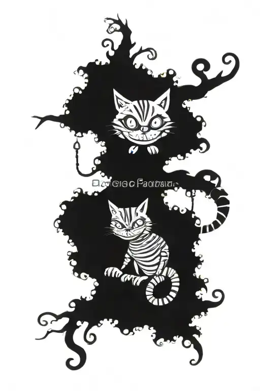 Cheshire cat with robot body and evil face on tree tattoo design idea
