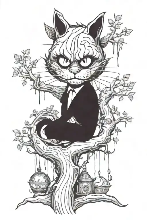 Cheshire cat with mechanical body and evil face on tree tattoo design idea