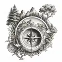 3d compass with trees and mountains inside tattoo design idea