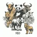 panda, two horses, goat, donkey, English mastiff dog, monkey tattoo design idea