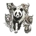 panda, two horses, goat, donkey, English mastiff dog, monkey tattoo design idea
