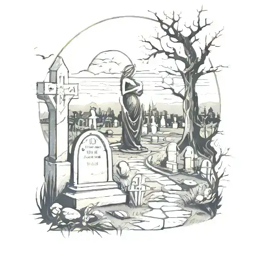 A hauntingly beautiful image of a graveyard at dusk, with a pregnant woman standing among the tombstones tattoo design idea