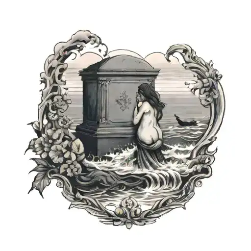 a pregnant woman and a grave next to her, surrounded by a rolling sea, tattoo design idea