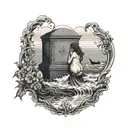a pregnant woman and a grave next to her, surrounded by a rolling sea, tattoo design idea