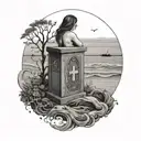 a pregnant woman and a grave next to her, surrounded by a rolling sea, tattoo design idea