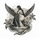 a pregnant woman and a grave next to her, surrounded by a rolling sea, tattoo design idea