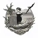 a pregnant woman and a grave next to her, surrounded by a rolling sea, tattoo design idea