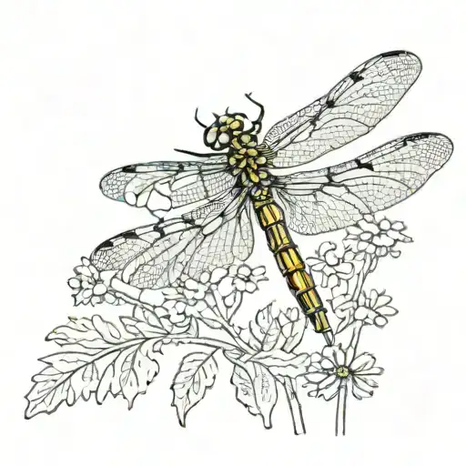 dragonfly and marigold with the name "JJ" and number  57  tattoo design idea