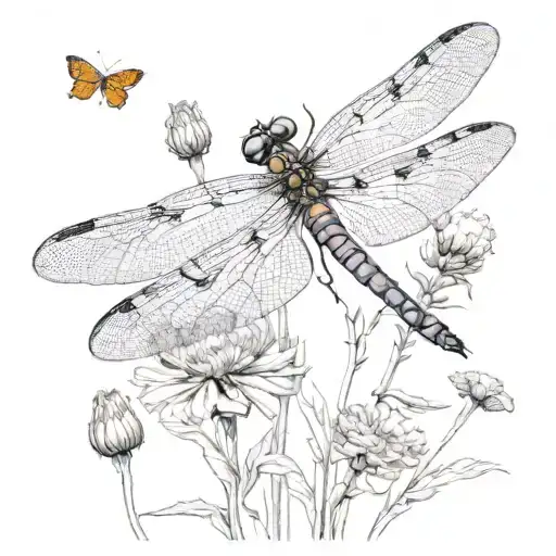 dragonfly and marigold with JJ and #57 incorperated  tattoo design idea