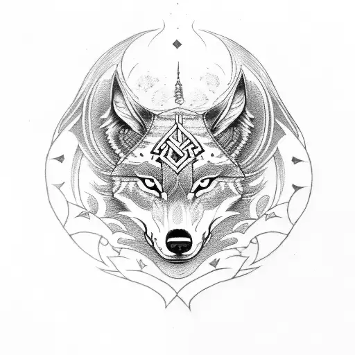 An intricately designed wolf head with Viking symbols incorporated tattoo design idea