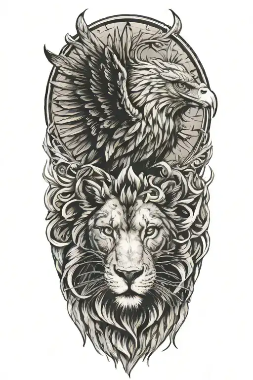 soaring eagle with lion head below tattoo design idea