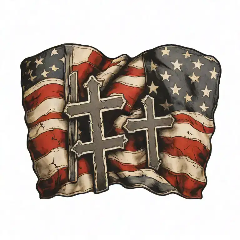american flag with stripes ending in 3 crosses  tattoo design idea