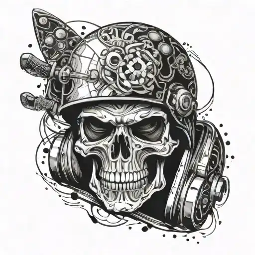 A skull wearing a helmet with wakeboard, snowboard, and skateboard elements incorporated into the design tattoo design idea